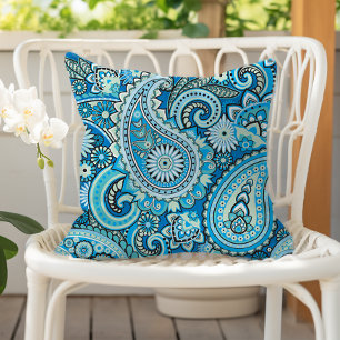 Paisley Floral Pattern Blue Outdoor Pillow