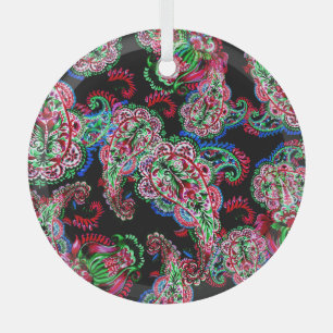 Paisley Floral Pattern, Ethnic Background. Glass Ornament