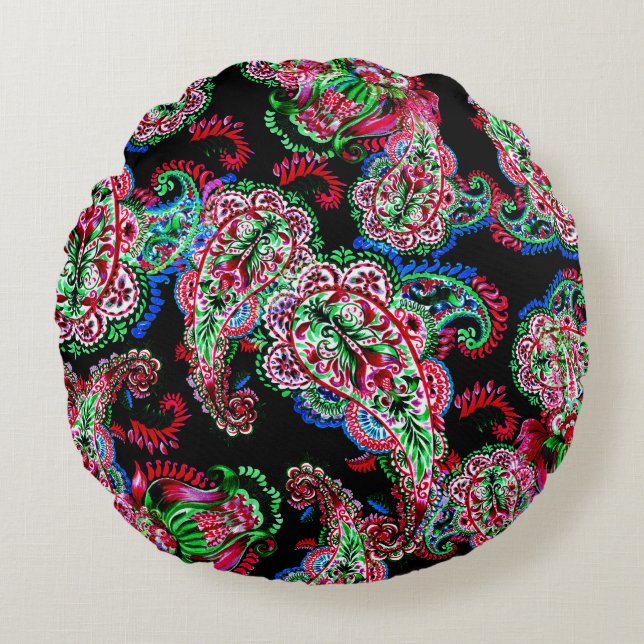 Paisley Floral Pattern, Ethnic Background. Round Pillow (Front)