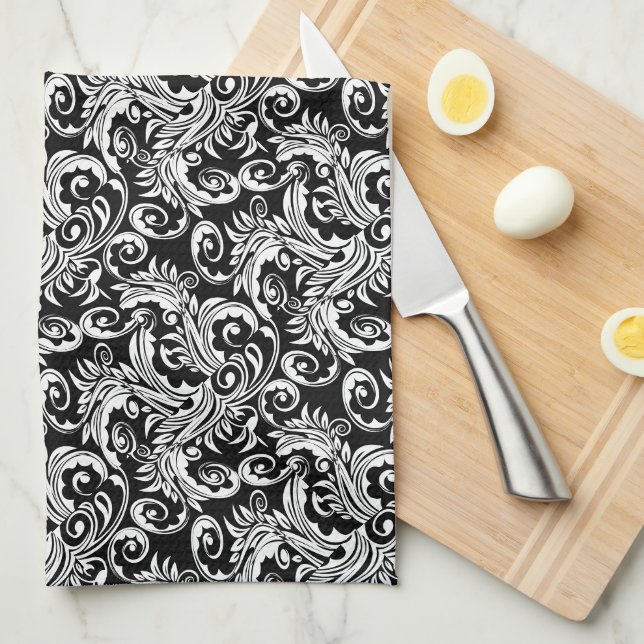 Paisley floral pattern swirl black white kitchen towel (Quarter Fold)