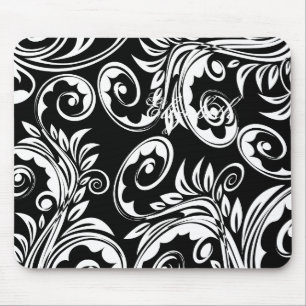 Paisley floral pattern swirl black white mouse pad