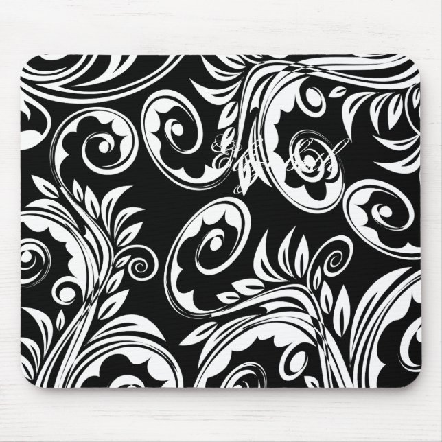 Paisley floral pattern swirl black white mouse pad (Front)