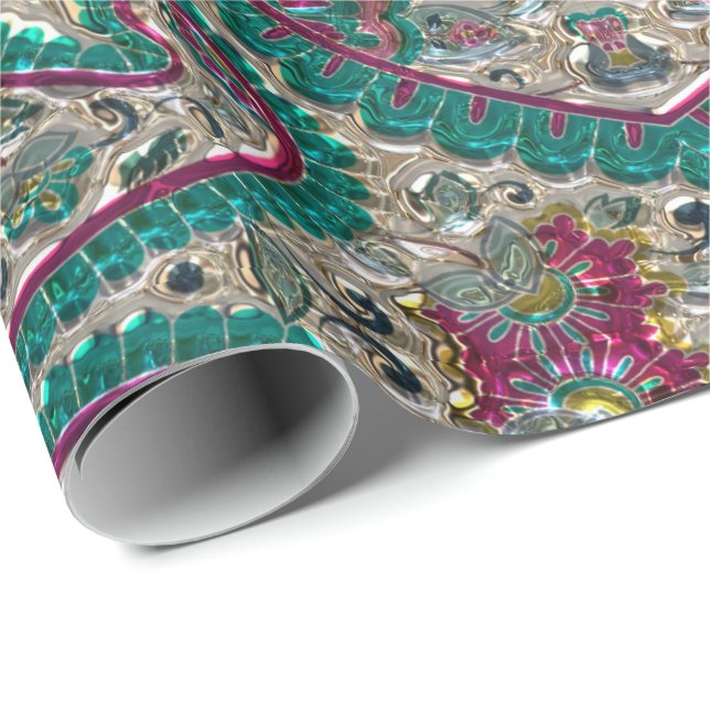 Paisley floral pattern teal silver pink bohemian  wrapping paper (Roll Corner)