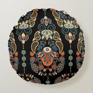 Paisley floral seamless pattern. Dark backdrop wit Round Pillow