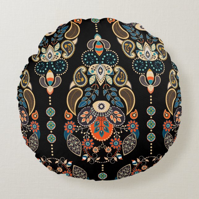Paisley floral seamless pattern. Dark backdrop wit Round Pillow (Front)
