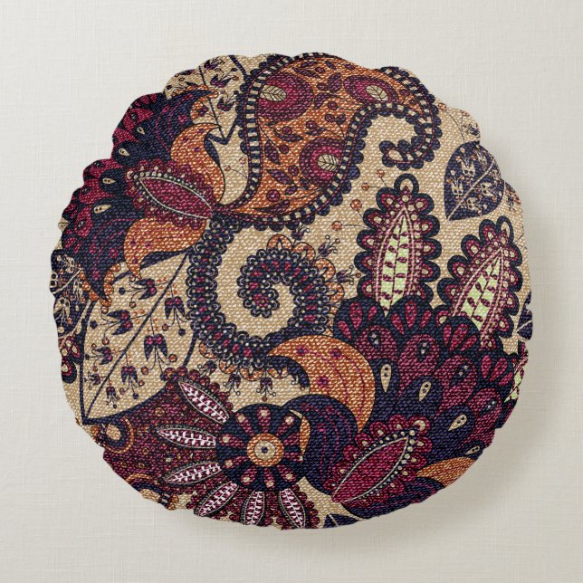 Paisley floral seamless pattern with decorative fl round pillow (Front)
