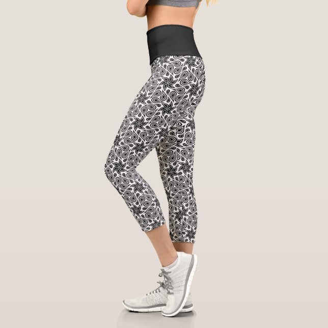Paisley Flower Chic Black and White Floral Pattern Capri Leggings (Left)