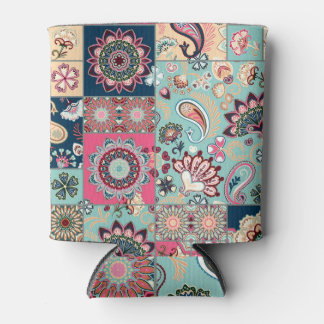 Paisley flowers, patchwork background, vintage. can cooler
