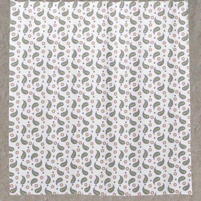 Paisley Flowers Polka Dots Green Pink Purple (A shower curtain with a pattern of paisley, flowers and dots done in pink, green, purple & blue.)
