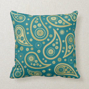 Paisley Funky Large Pattern Print in Teal & Golds Throw Pillow