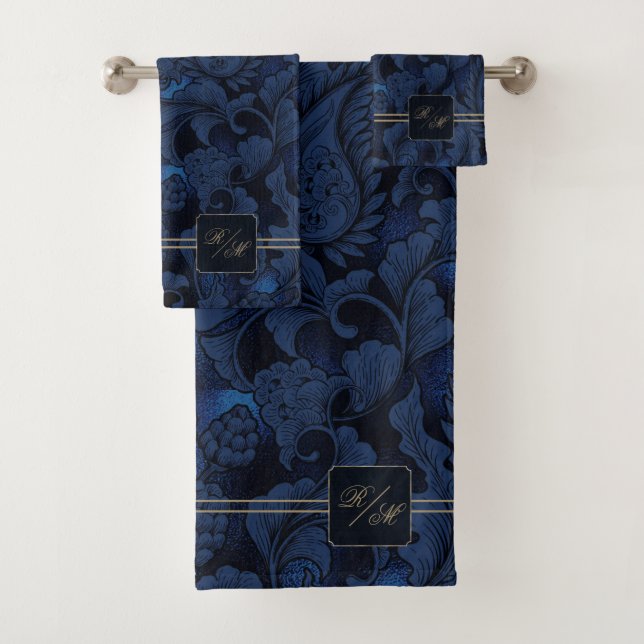 Paisley Garden Flora Monogram Navy Blue/Gold ID750 Bath Towel Set (Insitu)