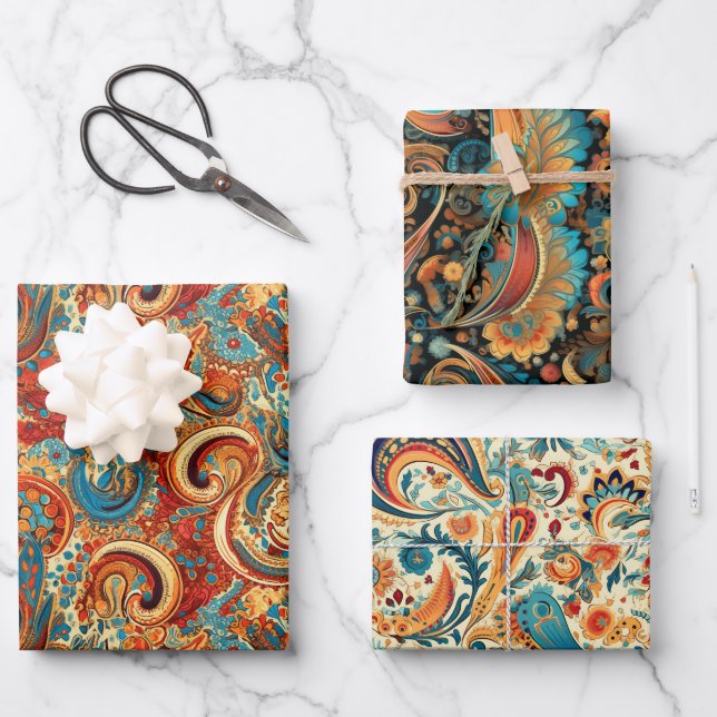 Paisley Golden Flower Abstract Pattern Set 4 Wrapping Paper Sheet (Front)