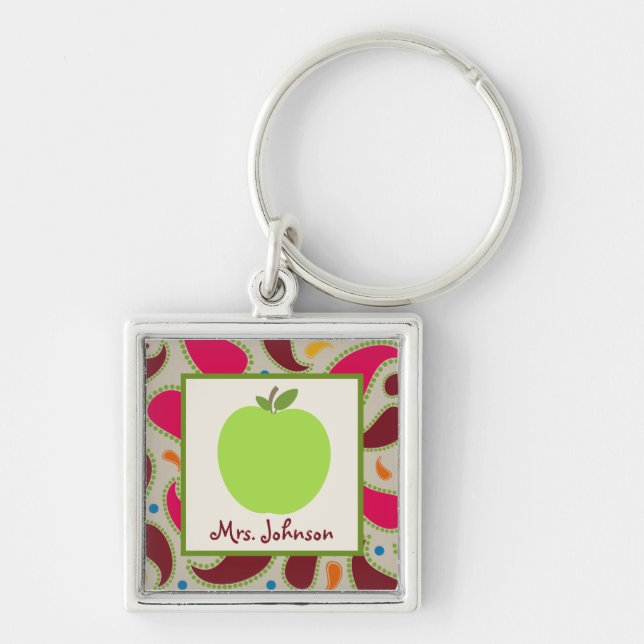 Paisley & Green Apple Personalized Teacher Keychain (Front)