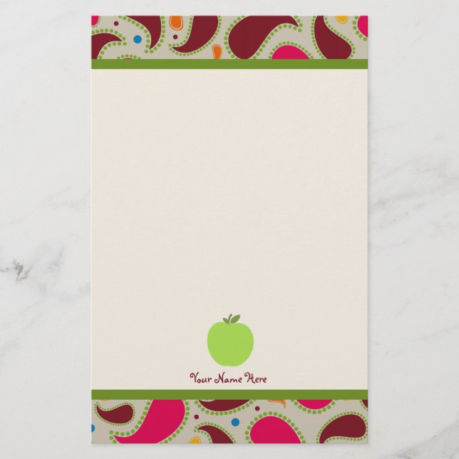 Paisley & Green Apple Personalized Teacher Stationery (Front)