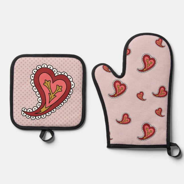 Paisley Heart Oven Mitt & Pot Holder Set (Front)