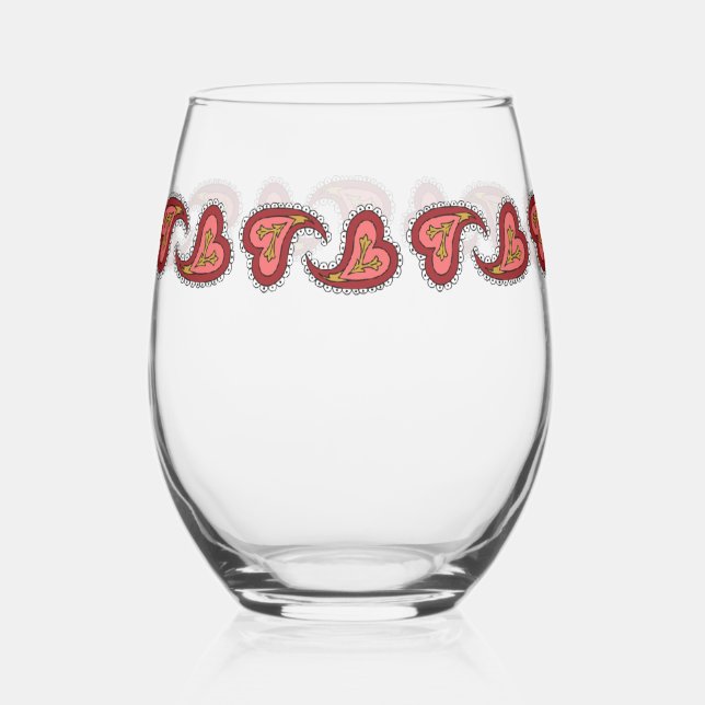 Paisley Heart Stemless Wine Glass (Front)