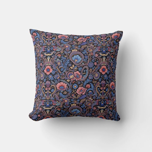 Paisley in Blue and Coral Throw Pillow (Front)
