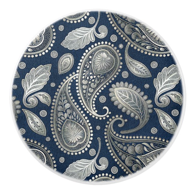Paisley in Navy Blue and Elegant Silver Ceramic Knob (Front)