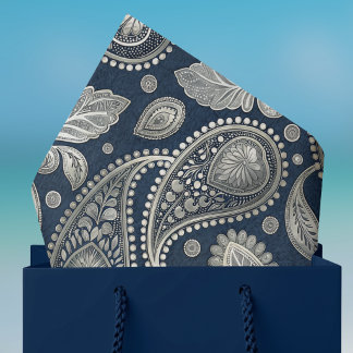 Paisley in Navy Blue Elegant Silver Vintage Look Tissue Paper