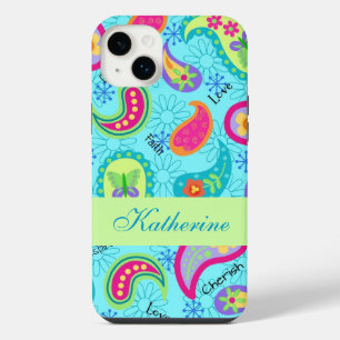 Paisley Modern Name Personalized Turquoise Blue iPhone 14 Plus Case