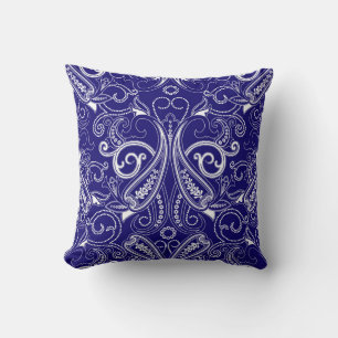 Paisley monochrome: blue, white elegance. throw pillow