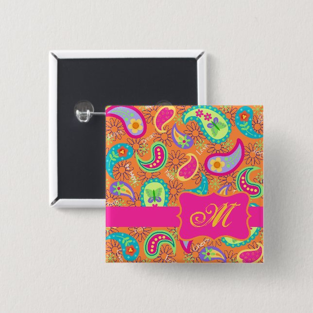 Paisley Monogram Hot Pink Orange Whimsy 2 Inch Square Button (Front & Back)