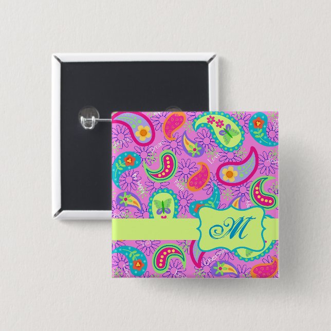  Paisley Monogram Magenta Pink Green Modern 2 Inch Square Button (Front & Back)