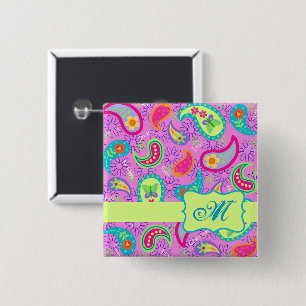 Paisley Monogram Magenta Pink Green Modern 2 Inch Square Button