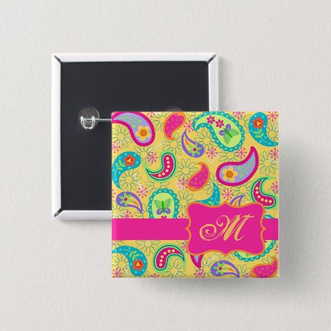 Paisley Monogram Yellow Hot Pink Modern  2 Inch Square Button (Front & Back)