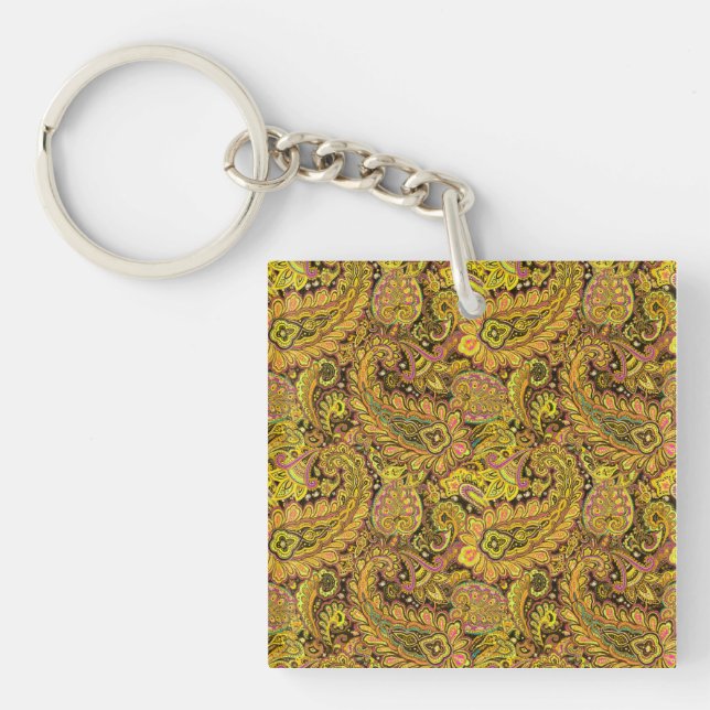 Paisley Motif in Yellow, Brown on Black Background Keychain (Front)