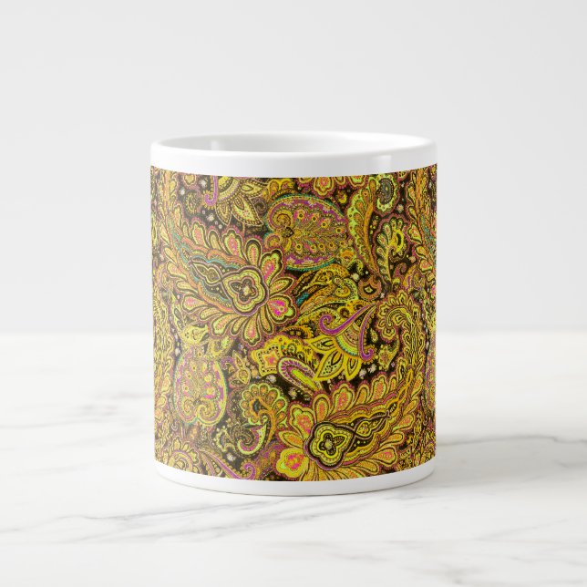 Paisley Motif in Yellow, Brown on Black Background Large Coffee Mug (Front)