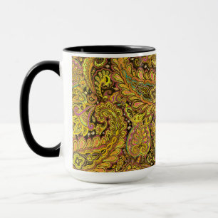 Paisley Motif in Yellow, Brown on Black Background Mug