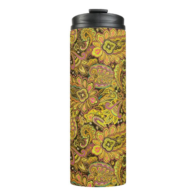 Paisley Motif in Yellow, Brown on Black Background Thermal Tumbler (Front)