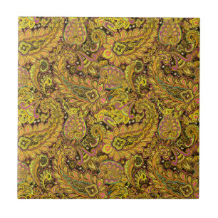 Paisley Motif in Yellow, Brown on Black Background Tile