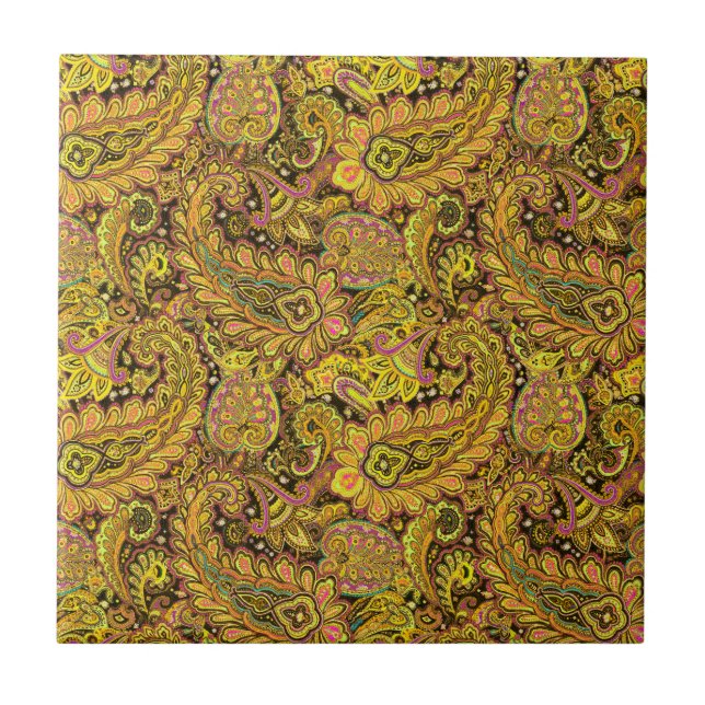 Paisley Motif in Yellow, Brown on Black Background Tile (Front)