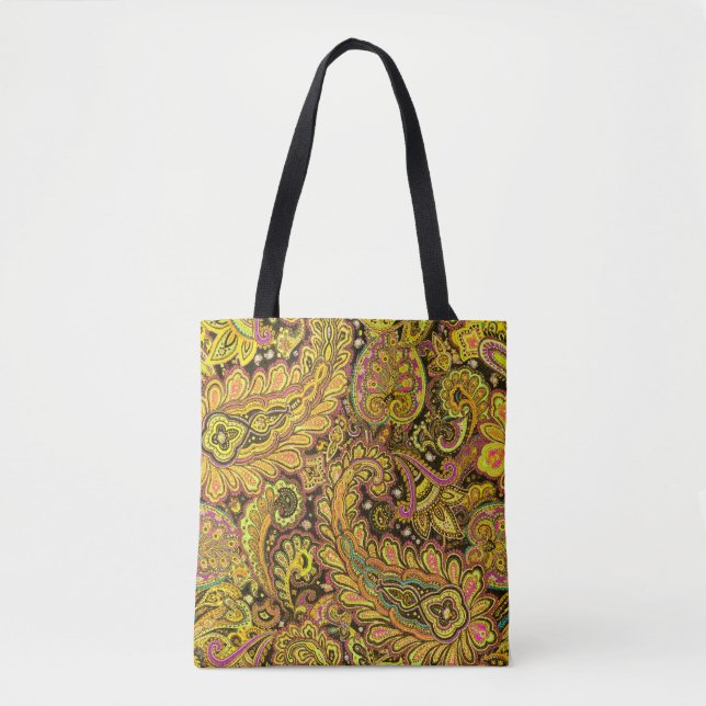 Paisley Motif in Yellow, Brown on Black Background Tote Bag (Front)