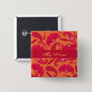 Paisley Name Tag Badge Red Orange Parisian 2 Inch Square Button