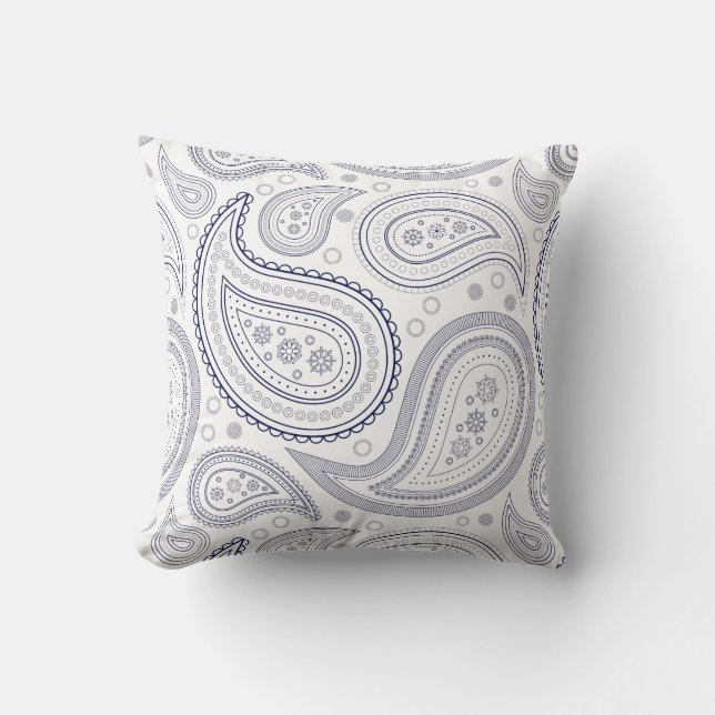 Paisley Navy Blue on White Throw Pillow (Front)
