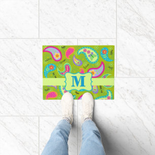 Paisley Olive Green Monogram Modern Whimsy Doormat