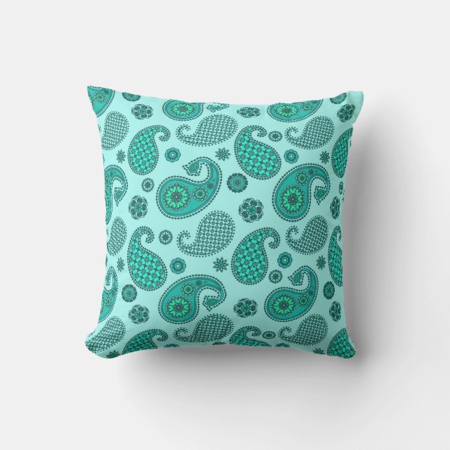 Paisley Pattern, Aqua and Turquoise Outdoor Pillow (Front)