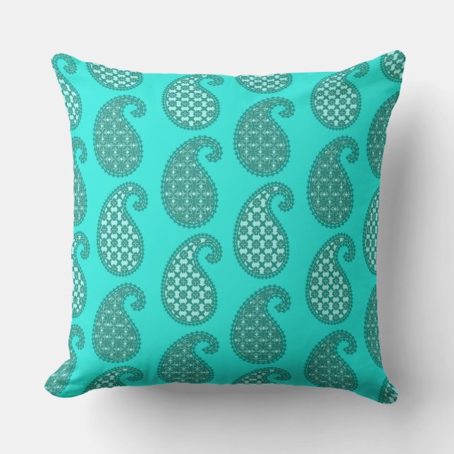 Paisley pattern, aqua and turquoise throw pillow (Front)