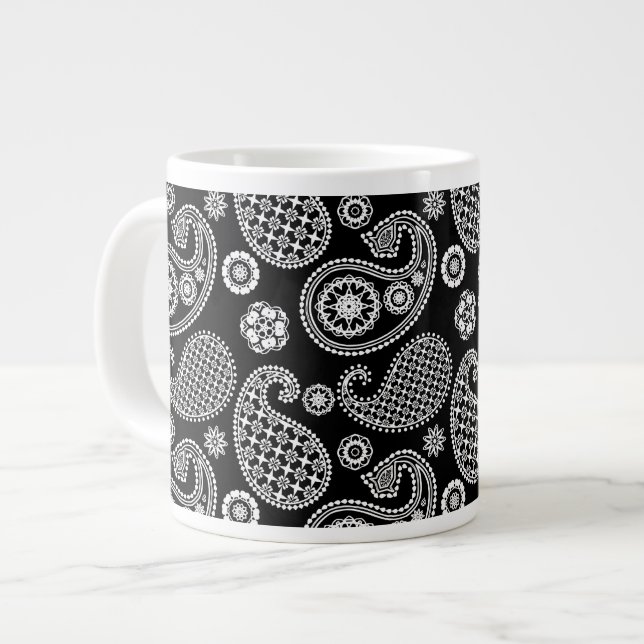 Paisley pattern, Black and White Large Coffee Mug (Front Left)