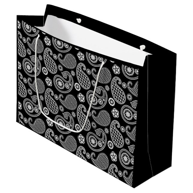 Paisley pattern, Black and White Large Gift Bag (Front Angled)