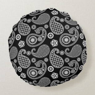 Paisley pattern, Black and White Round Pillow