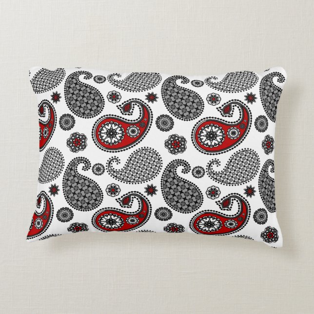 Paisley pattern, Black, White and Red Accent Pillow (Back)