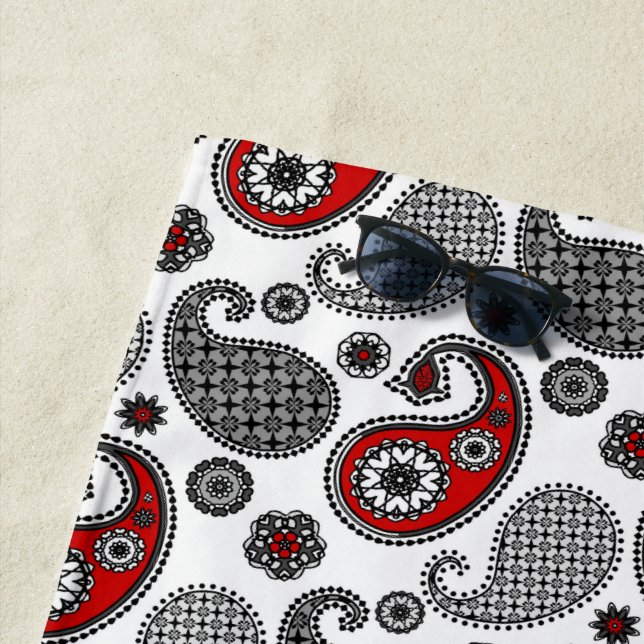 Paisley Pattern, Black, White and Red Beach Towel (In Situ)