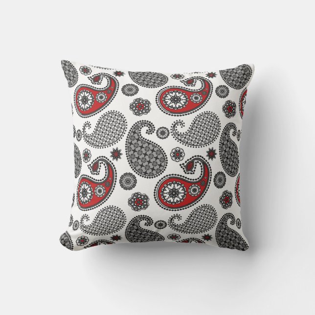 Paisley pattern, Black, White and Red Outdoor Pillow (Front)