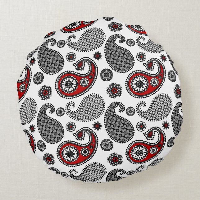 Paisley pattern, Black, White and Red Round Pillow (Back)