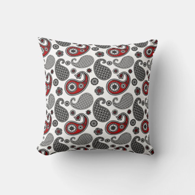 Paisley Pattern, Black, White and Red Throw Pillow (Front)