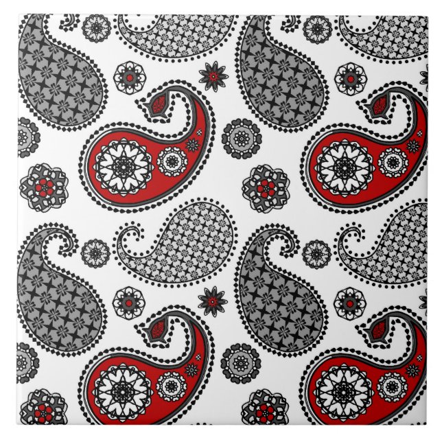 Paisley pattern, Black, White and Red Tile (Front)